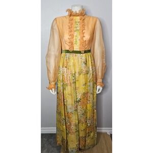 Vintage 1970s Floral Maxi Dress, Sheer Chiffon, Balloon Sleeves, Flocked Velvet